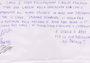 La lettera di fine corso di uno dei ragazzi di Solliccianino, coi ringraziamenti a Apus