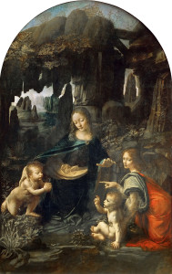 La Vergine delle Rocce di Leonardo nella versione, la prima, conservata al Louvre. Una seconda versione si trova invece alla National Gallery di Londra